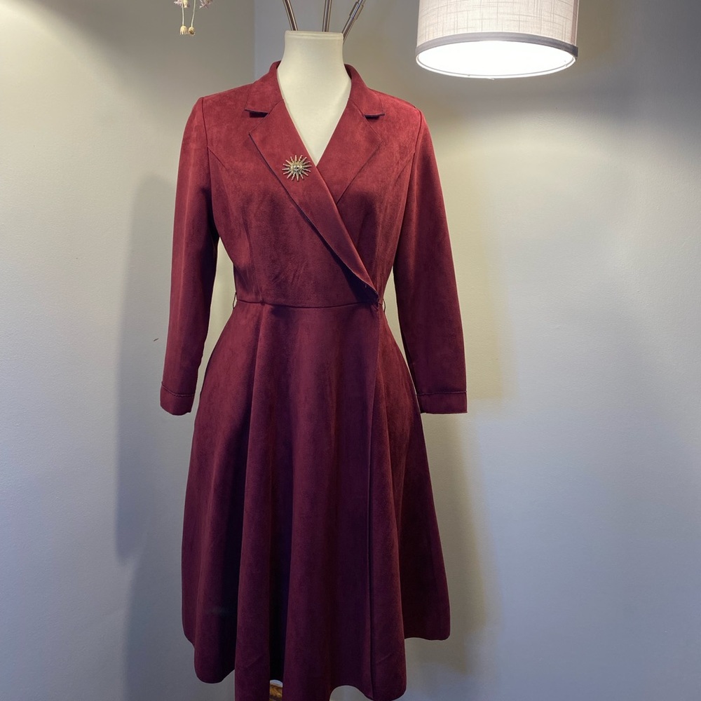 Burgundy/ navy blue suede wrap, long sleep, knee length wrap dress with pockets